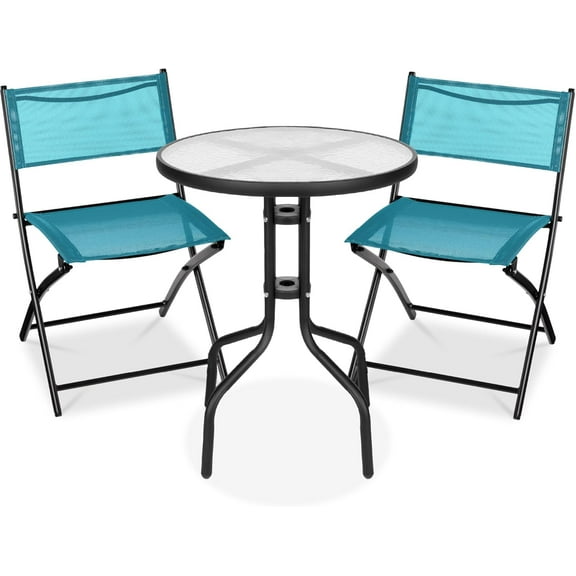 YYEAN  3-Piece Patio Bistro Dining Furniture Set w/Textured Glass Tabletop, 2 Steel Folding Chairs, Polyester Fabric -Peacock