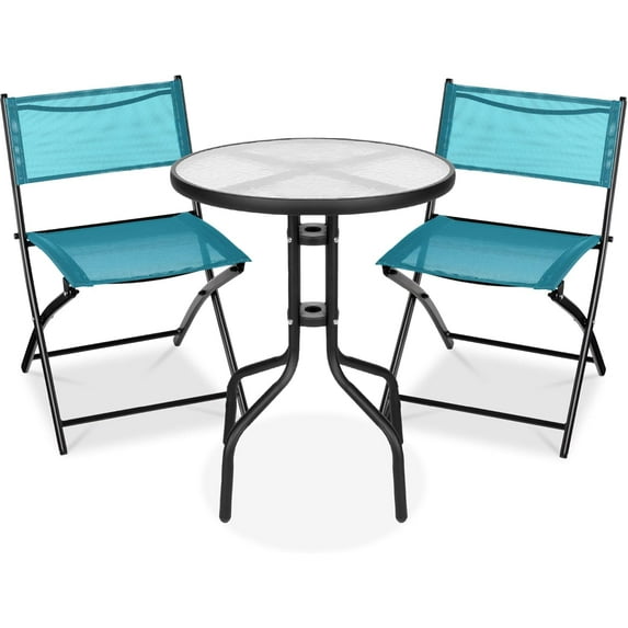 YYEAN 3-Piece Patio Bistro Dining Furniture Set w/Textured Glass Tabletop, 2 Steel Folding Chairs, Polyester Fabric - Peacock