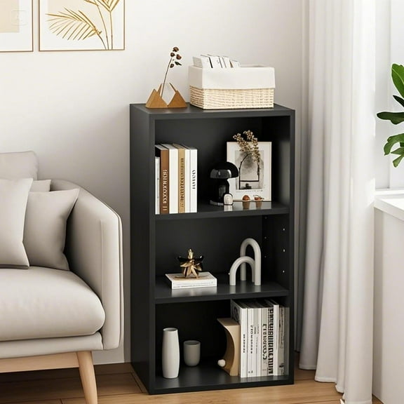 YYEAN 3 Tier Bookcase, Small Open Bookshelf, Wooden Storage Book Shelf with Adjustable Panels for Living Room, Home Office, Bedroom Black