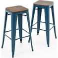 thumbnail image 1 of YYEAN 30 Inch Metal Bar Stools with Square Solid Elm Wood Seat Top, Backless Stackable Industrial Barstools Set of 2-Deep Blue, 1 of 11