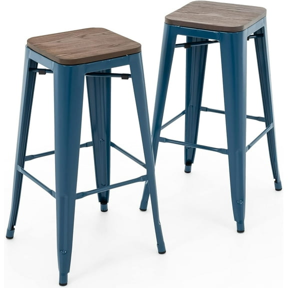 YYEAN 30 Inch Metal Bar Stools with Square Solid Elm Wood Seat Top, Backless Stackable Industrial Barstools Set of 2-Deep Blue