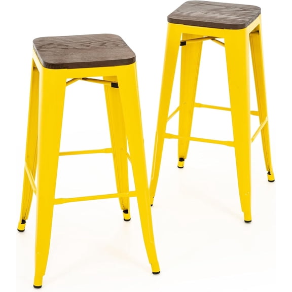 YYEAN 30 Inch Metal Bar Stools with Square Solid Elm Wood Seat Top, Backless Stackable Industrial Barstools Set of 2-Yellow