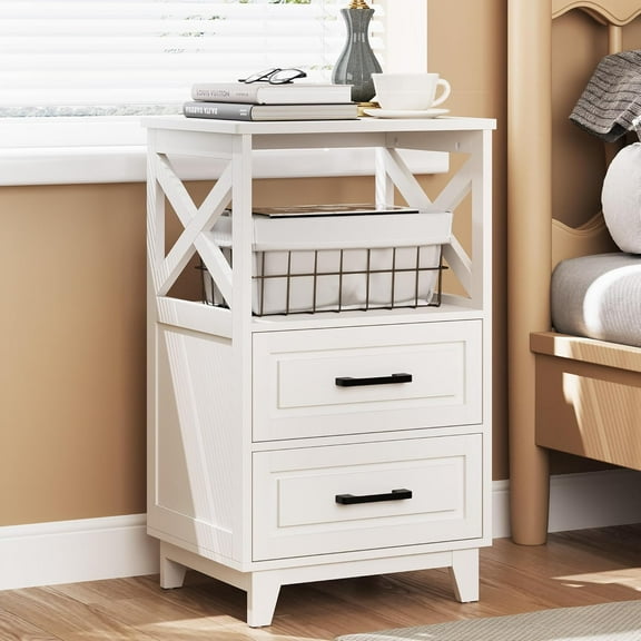 YYEAN 30" Tall Nightstand , Black Beside Table with 2 Drawers and Open Shelf Below, Modern Night Stand End Table for Bedroom, Home Office-White-open Shelf on Top