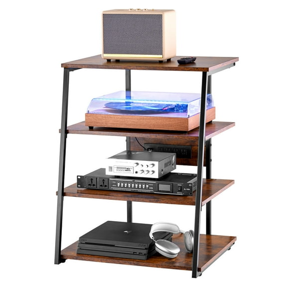 YYEAN 4-Tier AV Media Stand with Power Strips Wooden Corner TV Stand with LED