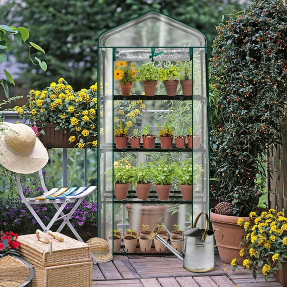 YYEAN 4 Tier Mini Greenhouse - Indoor Outdoor Portable Plant Growing Tent with Waterproof PE Cover, Sturdy Steel Frame, Easy Assembly, Ventilation Windows, Ideal for Seedlings, Herbs & Small Plants