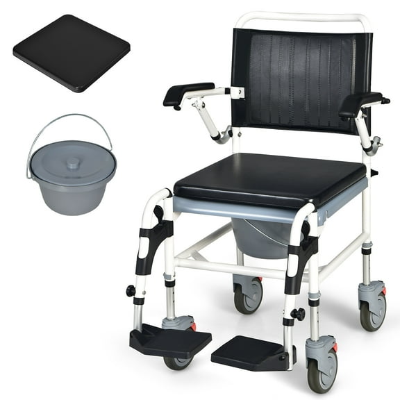 YYEAN 4-in-1 Bedside Commode Shower Wheelchair, Commode Chair for Toilet with Arms, 4 Lockable Wheels, Detachable Bucket, Height Adjustable & Flip-up Footrest, Padded Mobile Toilet Chair