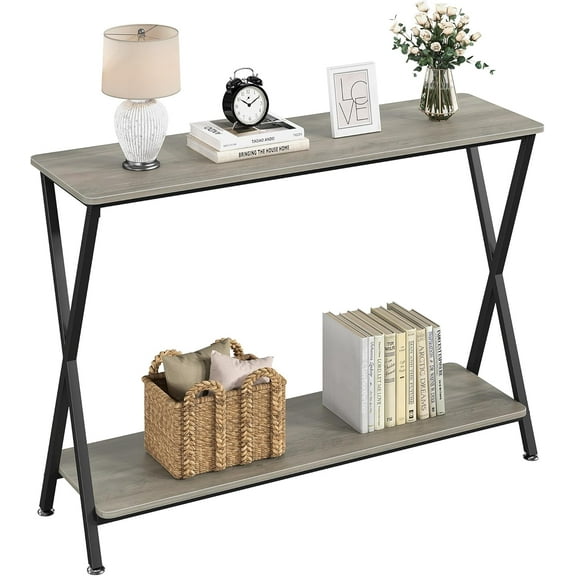 YYEAN 41.3''Industrial Narrow Console Table Small Sofa Table 2-Tier Entryway Table with Shelves Behind Couch Table Entryway Display ,110lb Capacity-Grey