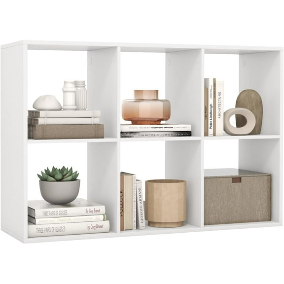 YYEAN 6-Cube Bookcase, White Cubby Bookshelf w/Back Guardrail & Anti-Tipping Kits, 6-Tier Freestanding Storage Organizer with Shelves, Open Back Display Rack for Living Room, Bedroom, Study