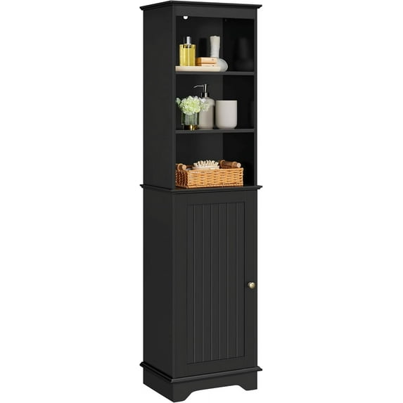 YYEAN 60.5" Freestanding Bathroom Storage Cabinet, Tall Slim Floor Cabinet with 3 Shelves & Door, Space Saving Organizer, Home Storage Furniture, Black