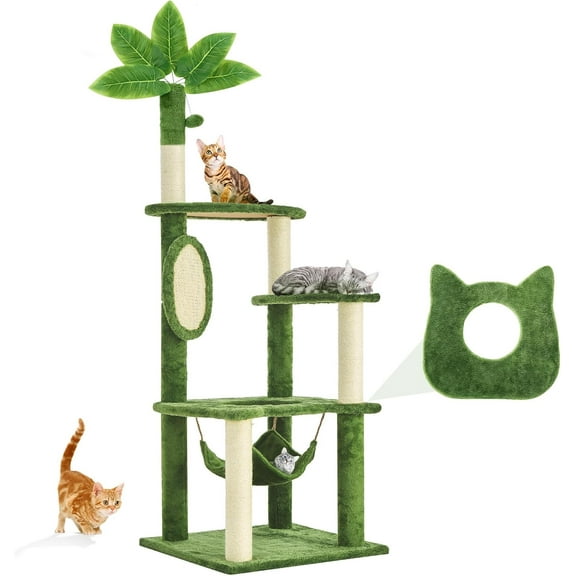 YYEAN 61" Large Cat Tree Tower for Indoor Cats with DIY Green Leaves Scratching Post Multi Soft Hang Ball Plush Cat House Furniture 360° Rotating Cat Scratch Board with Hammock-Light Green