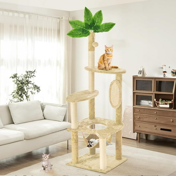 YYEAN 61" Large Cat Tree Tower for Indoor Cats with DIY Green Leaves Scratching Post Multi Soft Hang Ball Plush Cat House Furniture 360° Rotating Cat Scratch Board with Hammock-Square Beige