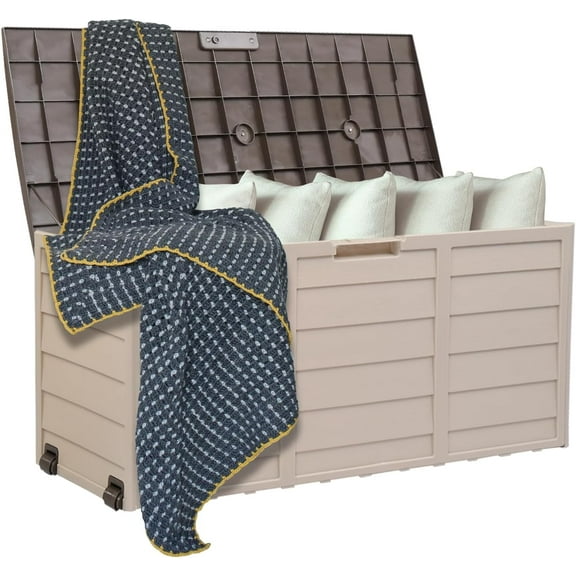 YYEAN  75 Gallon Outdoor Storage Box, Patio Deck Box Furniture with Lockable Design, Plastic Storage Containers with Lid for Garden | Pool | Balcony | Yard (Coffee)