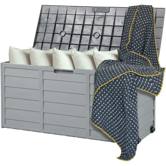 YYEAN 75 Gallon Outdoor Storage Box, Patio Deck Box Furniture with Lockable Design, Plastic Storage Containers with Lid for Garden | Pool | Balcony | Yard, Grey