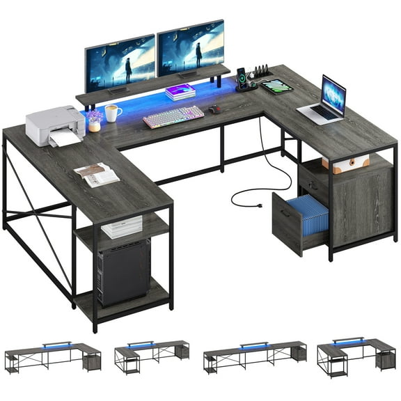 YYEAN  79 inch U Shaped Desk with Power Outlets LED Lights Reversible Computer Desk-Grey
