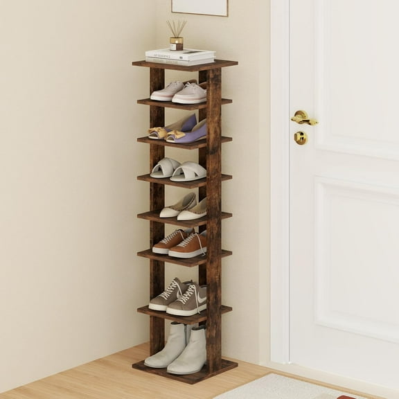 YYEAN 8-Tier Vertical Shoe Rack, Space-Saving Corner Shoe Organizer for 7 Pairs, Narrow Shoe Storage for Entryway, Front Door-10" x 11" x 43.5"-Rustic Brown