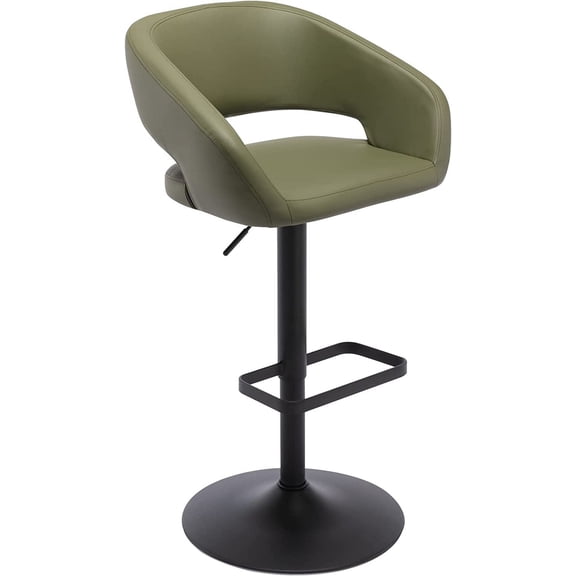 YYEAN Adjustable Bar Stool with Hollow Back and Arms, Modern PU Leather Swivel Barstool, Airlift Counter Height Bar Chair for Kitchen Dining Room -Olive Green, Black Base