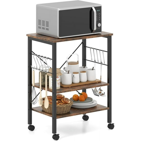 YYEAN Baker's Rack on Wheels, Kitchen Mobile Serving Cart, 3-Tier Microwave Stand with Adjustable Shelves & 10 Removable Hooks, Coffee Bar Rolling Storage Trolley-Black + Brown