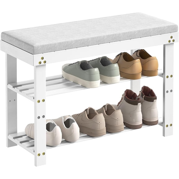 YYEAN Bamboo Shoe Bench, 3-Tier Shoe Rack, Entryway Bench with Cushion and Adjustable Shelves, Shoe Rack for Entryway, Hallway, Mudroom and Living Room-White