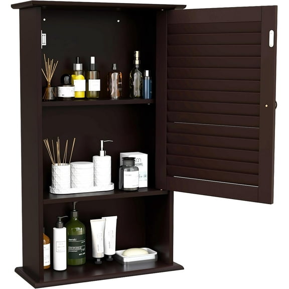 YYEAN Bathroom Wall Cabinet, Large Capacity Storage Cabinet w/Single Louver Door & Height Adjustable Shelf, Wood Wall Mounted Medicine Cabinet for Bathroom, Living Room, Kitchen (Brown)