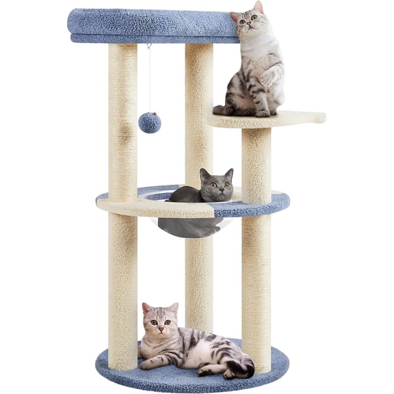 YYEAN Cat Tree, 35.5in Cat Tower for Indoor Kittens, Kitty House with Scratching Posts & Padded Perch & Space Capsule, Cute Scratching Tree, Pet Furniture for Kittens, Blue/Beige