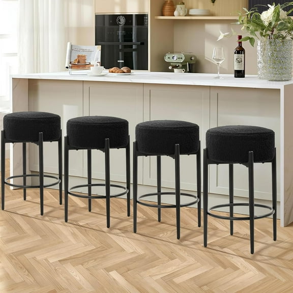 YYEAN Counter Height Bar Stools, Set of 4, 24" Modern Backless Bar Stools, Ideal for Kitchen Counter, Kitchen Island, Boucle Sherpa Padded Cover, with Round Soft Seat and Foot Rest, Black