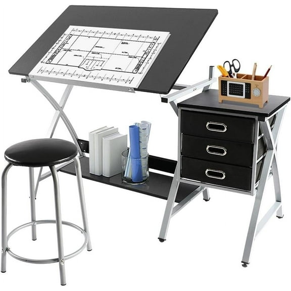 YYEAN Drafting Desk, Drawing Table for Artists/Adults, Art Desk w/Stool and 3 Slide Drawers, Painting Studio Design Work Station, Adjustable Tabletop, Modern, 50.5 x 24 x 45 inch