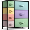thumbnail image 1 of YYEAN Dresser with 7 Drawers - Furniture Storage Chest for , Teens, Nursery, Playroom, Clothes, Toys - Steel Frame, Wood Top, Tie-dye Fabric Bins-Pastel/Black, 1 of 15