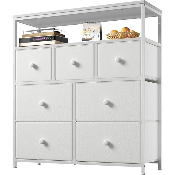 YYEAN Dresser for Bedroom with 7 Drawers and 2 Shelves, TV Stand Dresser for Closet with Wooden Top and Metal Frame, Tall Dressers & Chest of Drawers, White
