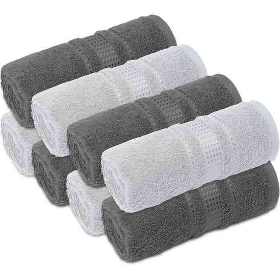 YYEAN Fingertip Towels 8 Pack, 100% Turkish Cotton, Small Hand Towels for Body and Face, 12 x 18 in, Soft and Absorbent, Quick Dry-Dark Grey-silver