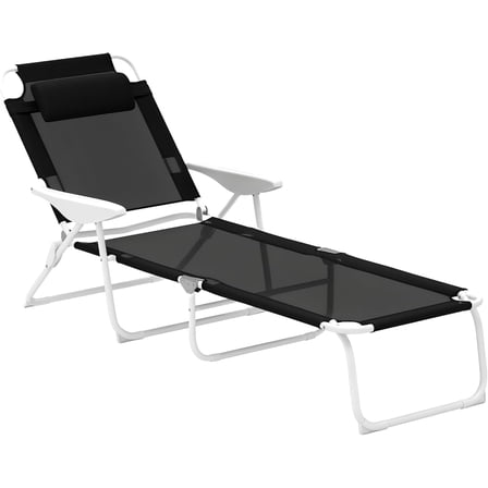 YYEAN Folding Lounge Chair, Portable Outdoor Chaise Lounge, Sun Tanning Chair with 4-Position Reclining Back, Armrests, Metal Frame and Mesh Fabric for Beach, Yard, Patio-Black