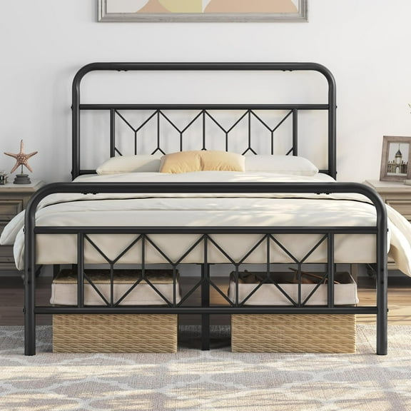 YYEAN Full Bed Frames Metal Platform Bed with Vintage Style Headboard/Mattress Foundation/No Box Spring Needed/Under Bed Storage/Strong Slat Support Black Full Bed