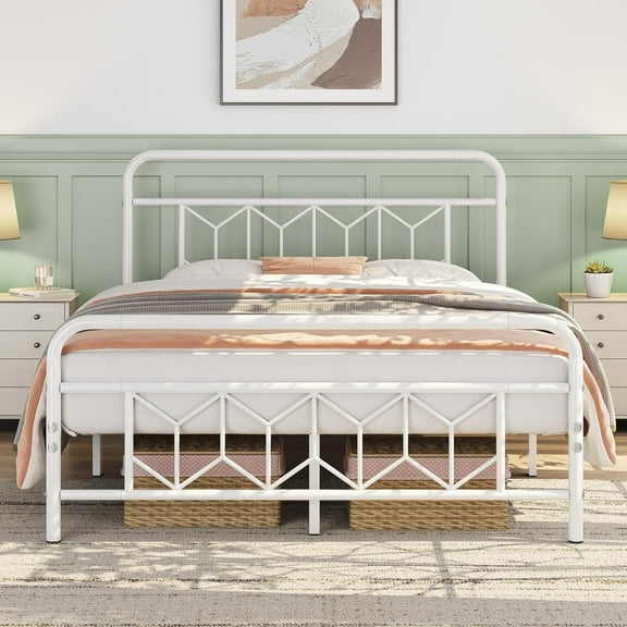 YYEAN  Full Bed Frames Metal Platform Bed with Vintage Style Headboard/Mattress Foundation/No Box Spring Needed/Under Bed Storage/Strong Slat Support White Full Bed