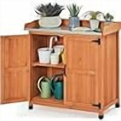 YYEAN  Garden Potting Bench Table - Outdoor Garden Patio Wooden Storage Cabinet & Solid Wood Planting Work Bench with Large Space Storage & Metal-Plated Tabletop, Brown