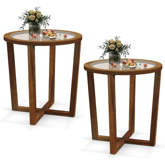 YYEAN Glass Round End Table, Sofa Side Table with Transparent Tempered Glass Top, Accent Table with Solid Acacia Wood Legs & Cross Base, for Living Room Bedroom, Walnut-2