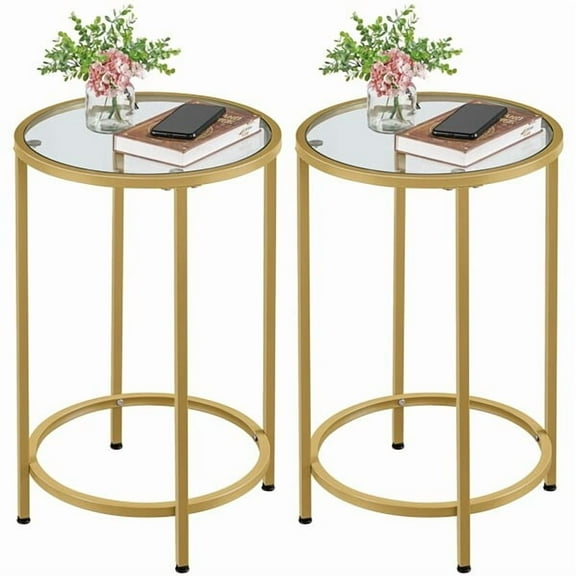 YYEAN Gold Side Table Set of 2, Round End Tables Tall Nightstand Bedside Table Set w/Glass Top & Metal Frame for Living Room/Balcony/Bedroom/Small Space, Easy Assembly, Modern Style.