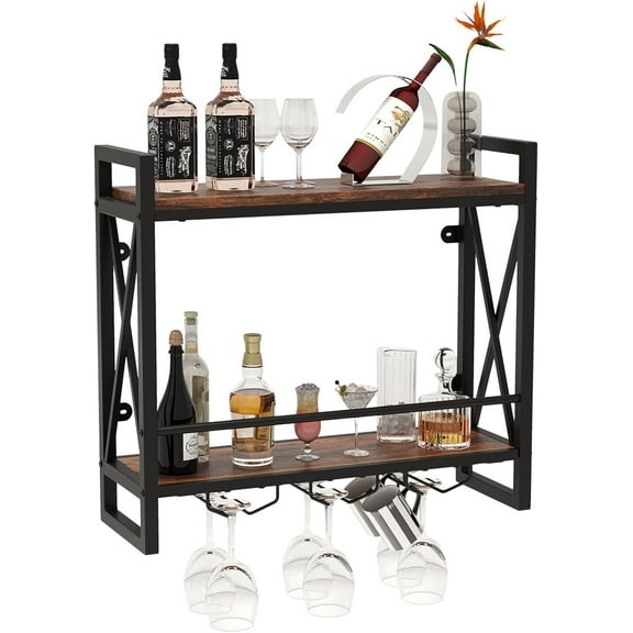 YYEAN  Industrial Wall Mounted Wine Rack Metal Hanging Wine Bottle Glass Rack , Wall Wine Floating Shelves for Home Bar, Kitchen, Dining Room-23.5" x 8" x 21.5"