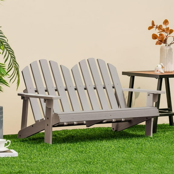 YYEAN Kids 2-Seat Adirondack Chair - Fir Wood Double Loveseat with High Backrest, Arm Rest, 300 LBS Weight Capacity, Outdoor All Weather Porch Chair for Balcony, Backyard, Poolside, Yard-Khaki Grey