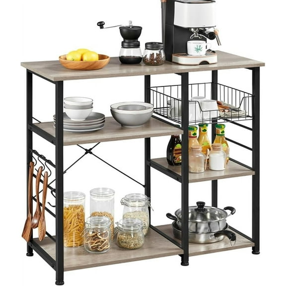 YYEAN Kitchen Bakers Rack with Wire Basket, Coffee Bar Table Station Microwave Oven Stand Kitchen Utility Storage Shelf with 6 S-Shaped Side Hooks, Metal Frame, 15''D x 35.5''W x 33''H, Gray
