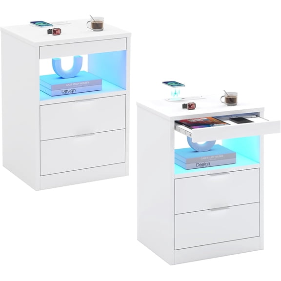 YYEAN LED Nightstand Nightstand with Wireless Charging Station 2 Drawers, Modern Bedroom End Side Table with LED Lights, Wooden Sofa Bedside Table with Pull-Out Shelf-2PC-White