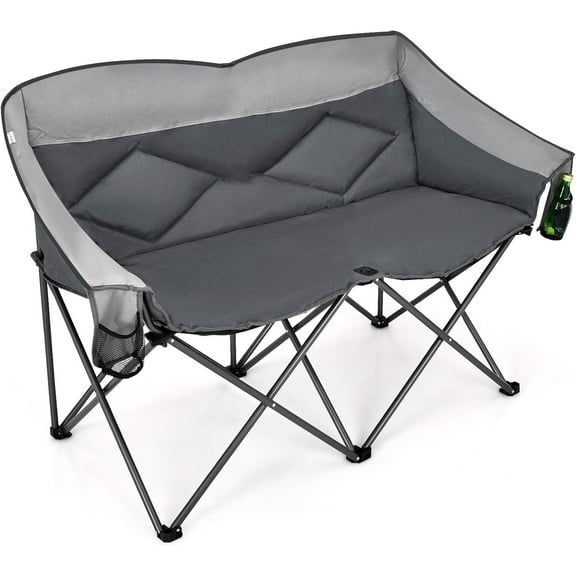 YYEAN Loveseat Camping Chair, Double Folding Chair for Adults Couples w/Storage Bags & Padded High Backrest, Oversize Camp Seat for Fishing Picnic-Grey