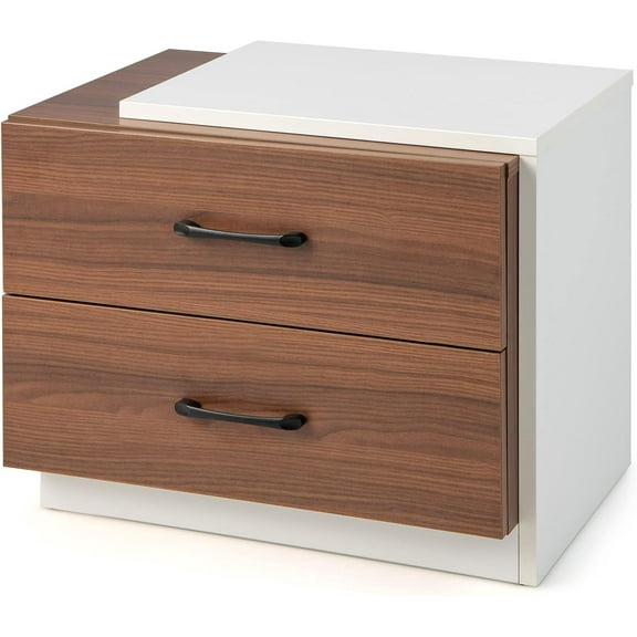 YYEAN  Modern Nightstand with 2 Drawers, Rustic Walnut Wood Grain Bedside Table with White L Shape Unique Design, Vertical Wooden End Table for Bedroom, Walnut & White (1)