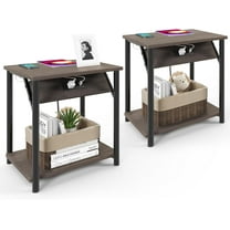 YYEAN Nightstands Set of 2, Small End Tables with Charging Station, Modern Night Stands, Narrow Side Tables for Small Space, Bedside Tables with 2-Tier Storage Shelf for Living Room, Bedroom-Grey