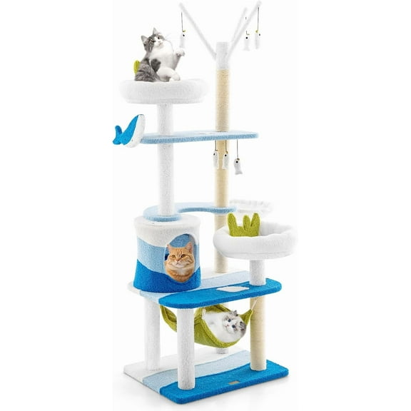 YYEAN Ocean-Themed Cat Tree for Indoor Cats, Multi-Level Cat Tower with Natural Sisal Scratching Posts, Hanging Toys and Padded Top Perch, Modern Cat Tree for Large Cats 20 lbs Heavy Duty (65")