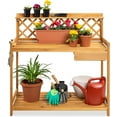 thumbnail image 1 of YYEAN Outdoor Garden Potting Bench, Wooden Workstation Table w/Cabinet Drawer, Open Shelf, Lower Storage, Lattice Back-Brown, 1 of 10