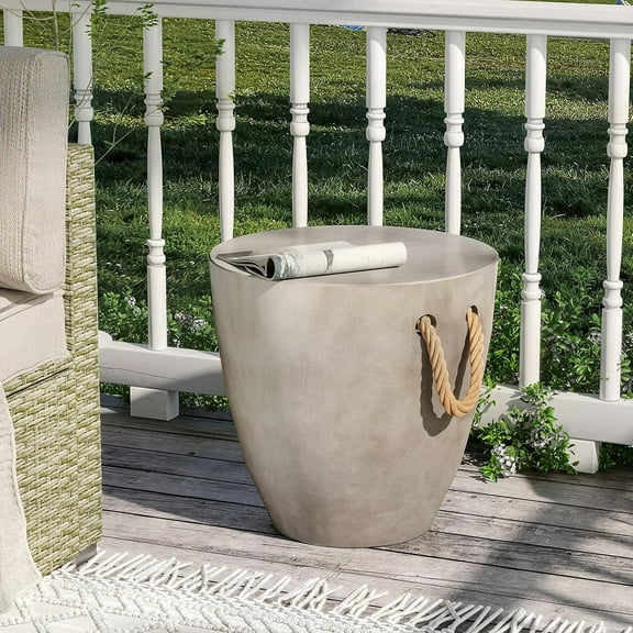 YYEAN Outdoor Side Table Concrete Side Table, 17" H Small Outdoor Side Table End Table for Patio w Hemp Rope, Ceramic Round Coffee Table Accent Table Garden Outdoor Plant Stands