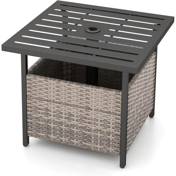YYEAN Outdoor Side Table with Umbrella Hole, 22" Wicker Umbrella Table with Stand and Base, Weather-Resistant PE Rattan Patio End Table for Deck Garden Poolside -Light Gray