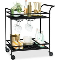 YYEAN Rolling Bar Cart, Mobile Home Bar Serving Cart, Serving Station w/ 2 Tier Shelves, Wine Rack, Lockable Wheels-Black