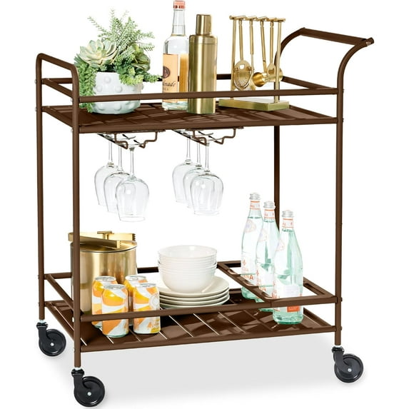 YYEAN Rolling Bar Cart, Mobile Home Bar Serving Cart, Serving Station w/ 2 Tier Shelves, Wine Rack, Lockable Wheels-Brown