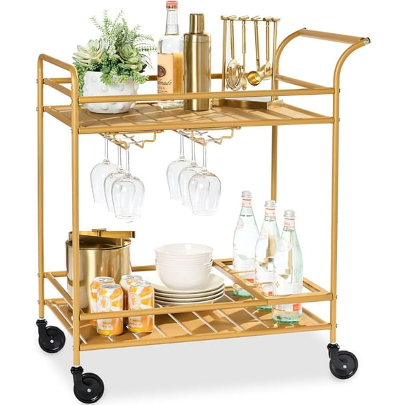 YYEAN Rolling Bar Cart, Mobile Home Bar Serving Cart, Serving Station w/ 2 Tier Shelves, Wine Rack, Lockable Wheels-Gold