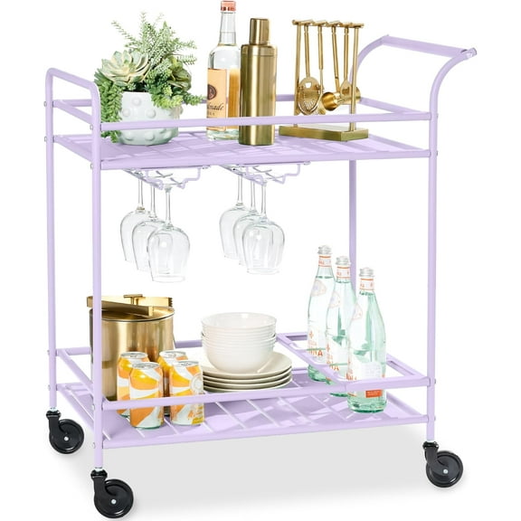YYEAN Rolling Bar Cart, Mobile Home Bar Serving Cart, Serving Station w/ 2 Tier Shelves, Wine Rack, Lockable Wheels-Lavender